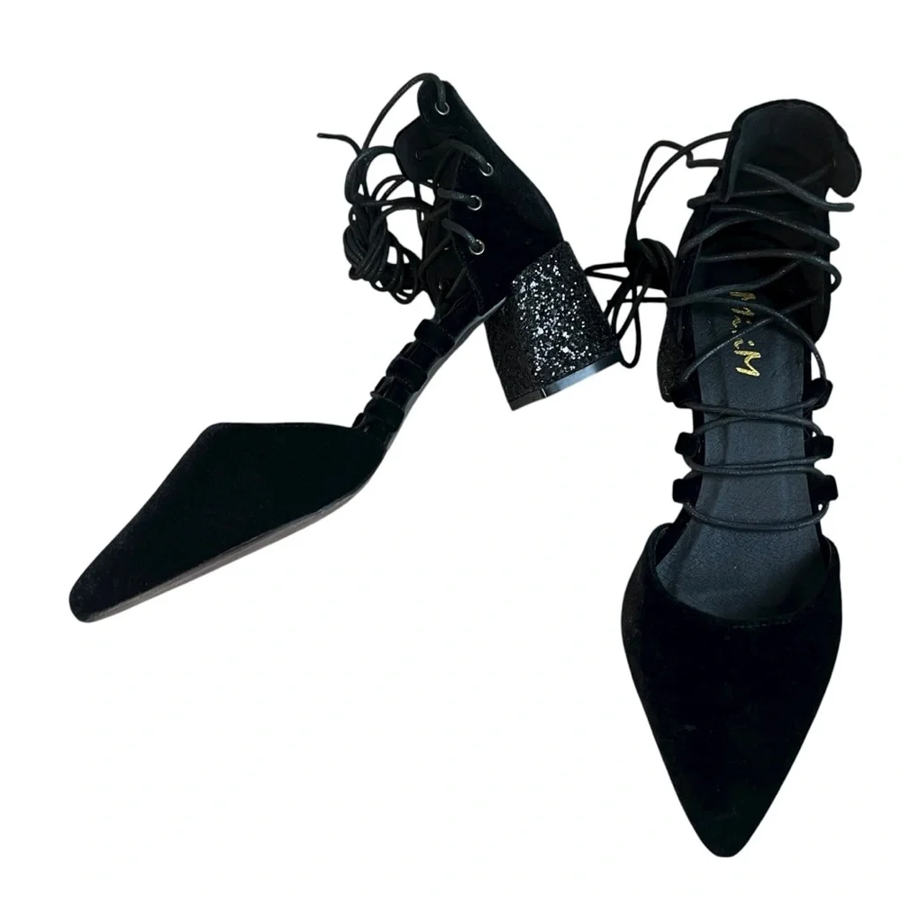Mi.iM Black Velvet Block Glitter Heel Strappy Lace Up Shoes Pointed Toe Size 8.5
